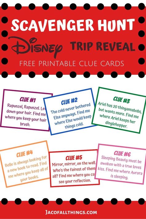 If you're looking for a fun and creative way to tell your kids that you're going to Disney, look no further! This Disney trip reveal scavenger hunt is sure to get them excited. Free printable clues! #disneytrip #disneyworld #disneytripreveal Disney Vacation Scavenger Hunt Clues, Disney World Reveal Scavenger Hunt, Scavenger Hunt Clues For Disney Trip, Universal Scavenger Hunt, Disney World Surprise Scavenger Hunt, Disney Trip Scavenger Hunt Clues Free Printable, Going To Disney Scavenger Hunt Clues, Your Going To Disney Surprise, Surprise Your Going To Disney World