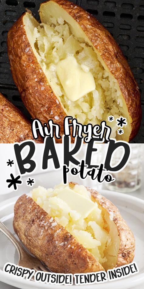 Air Fry Baked Potatoes Recipes, Ultimate Baked Potato, Air Fried Baked Potatoes, Baked Potato Fast, Quick Baked Potatoes, Air Fry Baked Potato, Baked Potatoes In Air Fryer, Bake Potatoes In Oven, Baked Potatoes