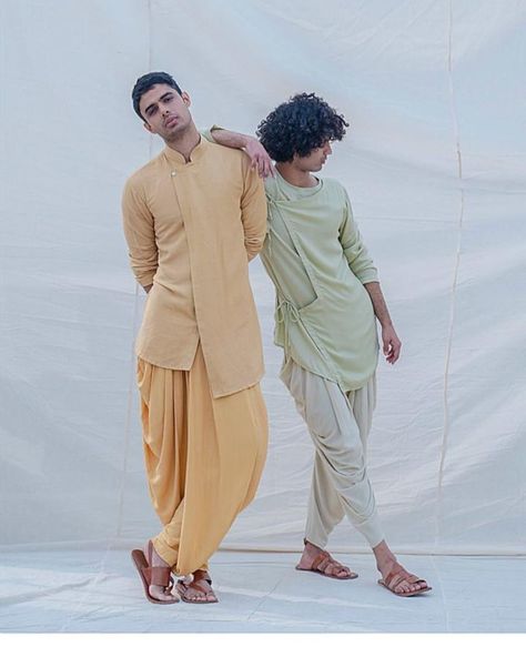 Bohame on Instagram: “Left - Beige gold Dhoti and Short kurta shirt  Right - Pista Dhoti and Angrakha shirt Top  Exotic wear for the summers. The cotton linen…” Angrakha Kurta Men, Dhoti Shirt For Men, Dhoti Kurta For Men, Angarakha Kurta, Short Kurta For Men, Stylish Boy Clothes, Wedding Kurta, Kurta Shirt, Wedding Kurta For Men