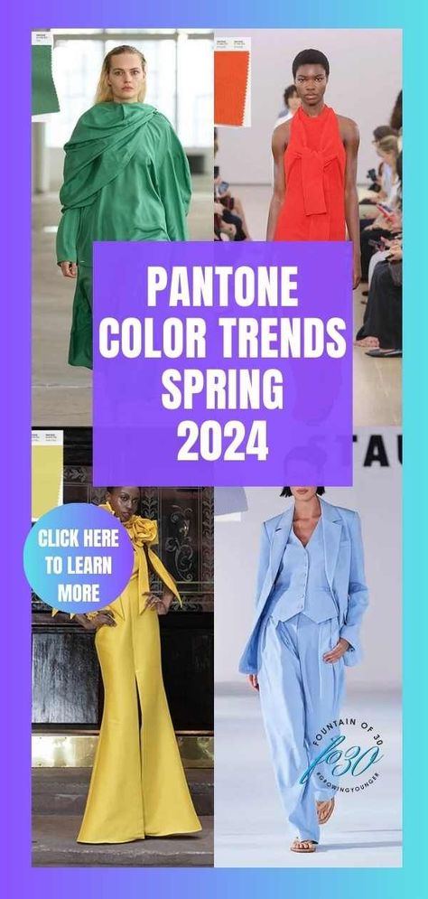 The top 10 Pantone color trends for spring summer 2024 at New York Fashion Week. #springfashion #over50 #colortrends #fashion #style Fashion Colors Spring 2024, Trends For Spring 2024, Spring 2024 Pantone Colors, Pantone Spring Summer 2024, Spring Fashion Colors 2024, Spring Color Trends 2024, Spring Colors Clothes, Spring 2024 Fashion Color Trends, Spring Colors 2024 Fashion