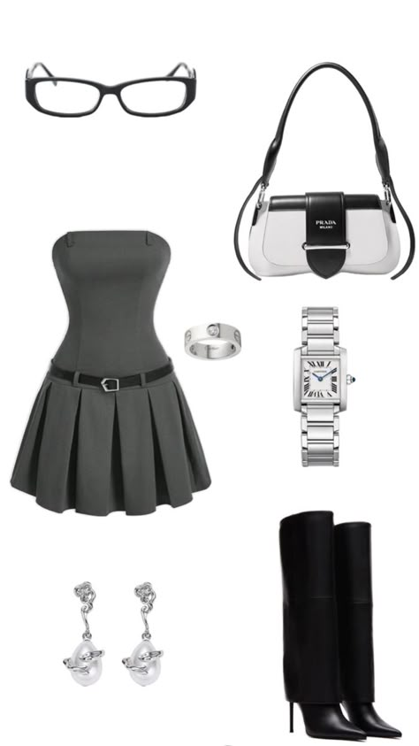 Strapless pleated dress, Cartier watch, Cartier ring, Prada hand bag, bayonetta glasses, pearl silver earrings, boots heels, silver jewelry Bayonetta Outfits, Gojo Aesthetic, Prada Outfits, Bayonetta Glasses, Pearl Silver Earrings, Prada Dresses, Prada Heels, Heels Silver, Preformance Outfits