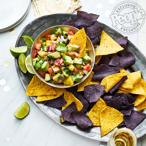 Elizabeth Heiskell's Tomato & Avocado Salsa Recipe | PEOPLE.com Salsa Photography, Super Bowl Dips, Blue Corn Chips, Avocado Salsa Recipe, Tomato Avocado, Blue Corn, Party Dishes, Avocado Salsa, Avocado Tomato