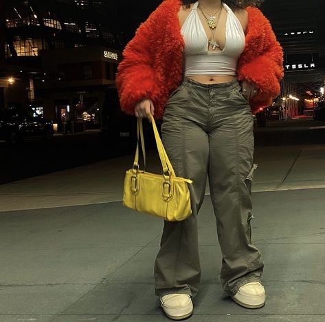 Orange Fur Coat, Red Fur Coat, Green Cargos, Peony Aesthetic, Yellow Purse, Plus Size Baddie Outfits, Street Outfits, Red Fur, Aesthetic Streetwear