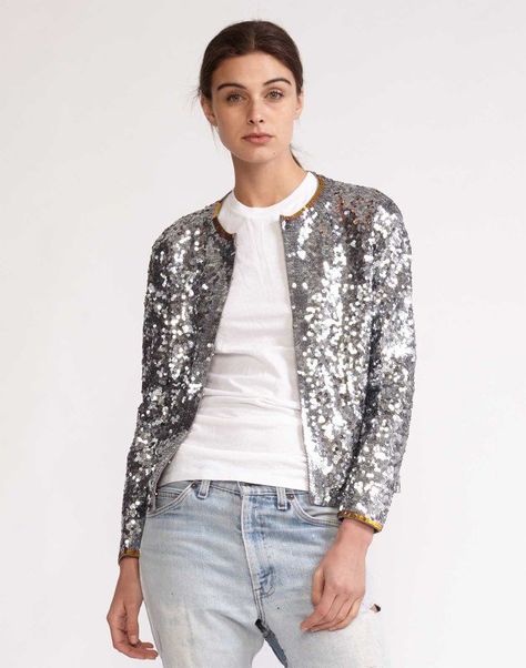 Sequin Cardigan  Silver sequin cardigan with gold sequin contrast border at neckline and sleeve hem.  Buttons down center front opening.   Care… Cardigan Street Style, Bridal Cover Up, Ideal Wardrobe, Sequin Cardigan, Catwalk Fashion, Sequin Jacket, Fashion Plates, Gold Sequin, Silver Sequin