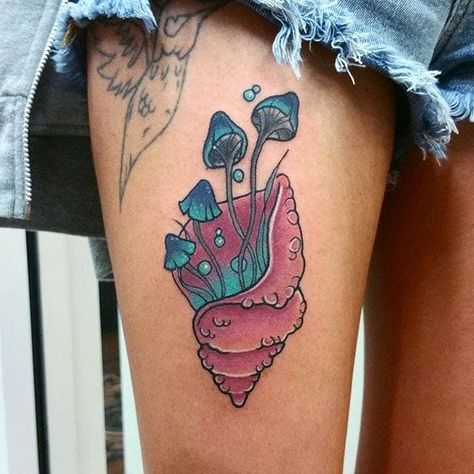 Shroom Tattoo, Mushroom Tattoo Ideas, Seashell Tattoos, Mushroom Tattoo, Floral Thigh Tattoos, Autumn Tattoo, Funky Tattoos, Vegan Tattoo, Kunst Tattoos