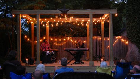 backyard stage: Dad is going to build us one for weekend get togethers with our musical friends :-) Can't wait Backyard Stage, Rachel Platten, Bonfire Party, Outdoor Stage, Outdoor Kitchen Bars, Outdoor Music, Church Stage Design, Outdoor Theater, Backyard Entertaining