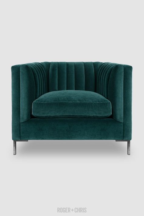 Mid-Century Modern Channel-Tufted Shelter Sofas, Armchairs, Sectionals | Harley from Roger + Chris Colourful Armchairs, Peacock Velvet, Reupholster Chair, Green Sofa, Tufted Sofa, Elegant Furniture, Stainless Steel Legs, Custom Sofa, Modern Armchair