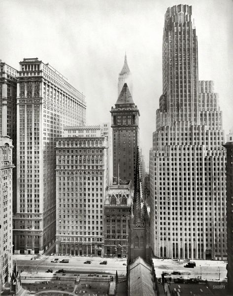 Irving Trust: 1931  New York circa 1931. "Irving Trust Building, 1 Wall Street." The Art Deco behemoth on the right, with Trinity Church and its cemetery in the foreground and Equitable Building on the left, along with American Surety, the Bankers Trust pyramid and Bank of Manhattan (rear). Irving Underhill photo. Shorpy Historical Photos, Trust Building, New York City Buildings, Old New York, Nyc History, Vintage Architecture, Art Deco Architecture, Lower Manhattan, Vintage New York