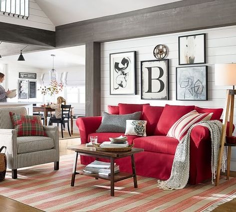 What's the Ideal Wall Color for a Red Sofa? - A House in the Hills Red Sofa Farmhouse, Red Sofa Living Room Color Schemes, Red Sofa Decorating, Red Couches, Red Sofa Living, Red Sofa Living Room, Red Couch Living Room, Furnitur Ruang Keluarga, Red Living