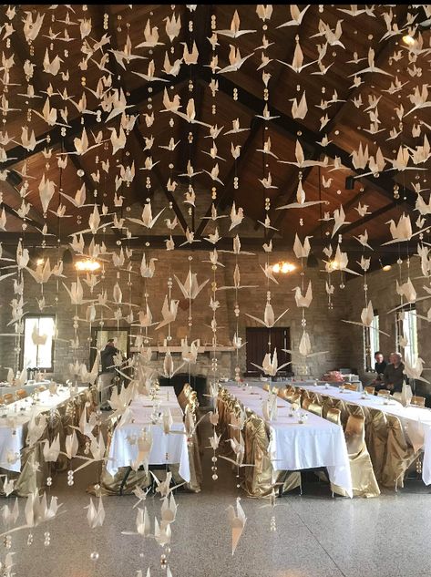 Paper Cranes At Wedding, Paper Cranes Wedding Decor, 1000 Paper Cranes Wedding, Thousand Cranes Wedding, Wedding Paper Cranes, Crane Wedding, Origami Crane Decoration Wedding Ideas, Origami Crane Wedding Decoration, 1000 Origami Cranes Wedding