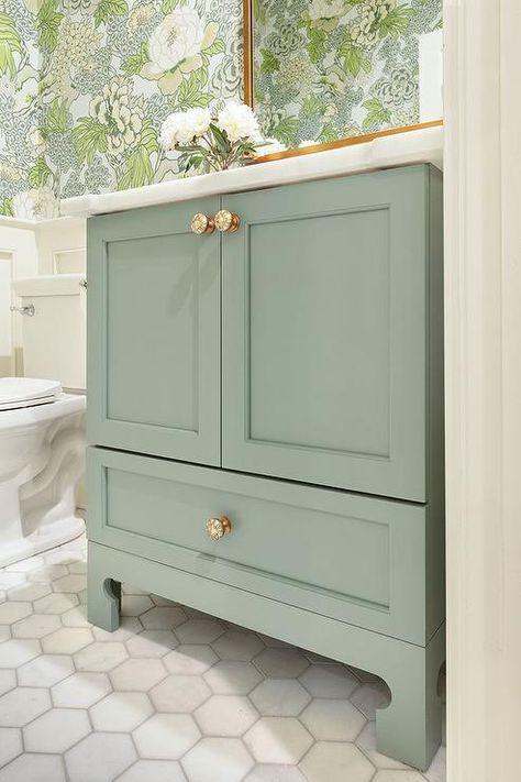 Chinoiserie legs accent a green washstand positioned against large marble hexagon floor tiles and topped with a honed white marble countertop. Hexagon Floor Tiles, All Shall Be Well, Black Interiors, Powder Room Remodel, Hexagon Floor, Pretty Office, Transitional Bathroom, White Marble Countertops, Marble Countertop