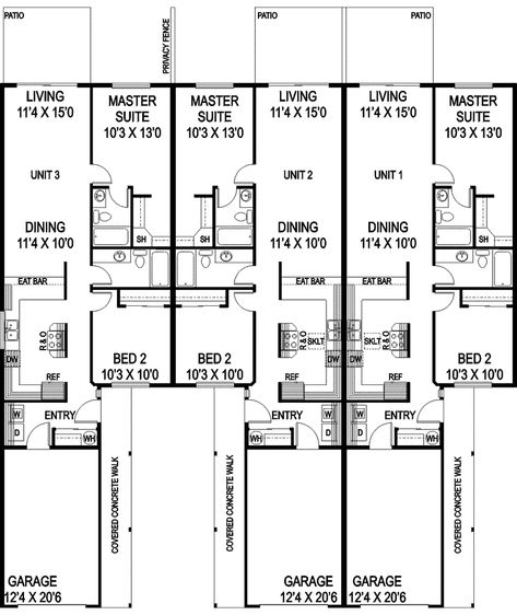 3 Unit Apartment Building Plans, Small Triplex House Plans, Multifamily House Plans Single Story, Twin Homes, Fourplex House Plans Single Story, Triplex Plans, Triplex Floor Plans Single Story, Triplex House, Multigenerational House Plans