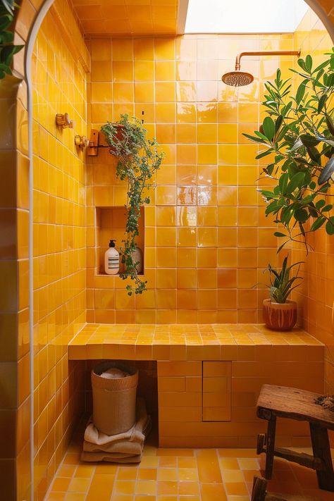 Restroom Color Ideas, Small Bathroom Ideas Bright, Restroom Color Ideas Paint, Small Half Bathroom Decor, Bathroom Ideas Bright, Yellow Tile Bathroom, Half Bathroom Decor Ideas, Yellow Tiles, Small Half Bathroom