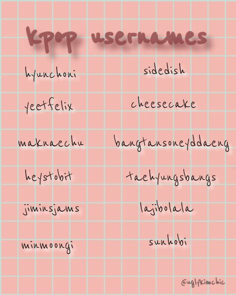 Cute Aesthetic Usernames Kpop, Kpop Fan Username Ideas, Cute K-pop Usernames, Cute Kpop Username Ideas, Jimin Username Ideas For Instagram, Usernames For Kpop Stans, Aesthetic Usernames For Instagram Kpop, Usernames For Kpop Editors, Cute Usernames Kpop