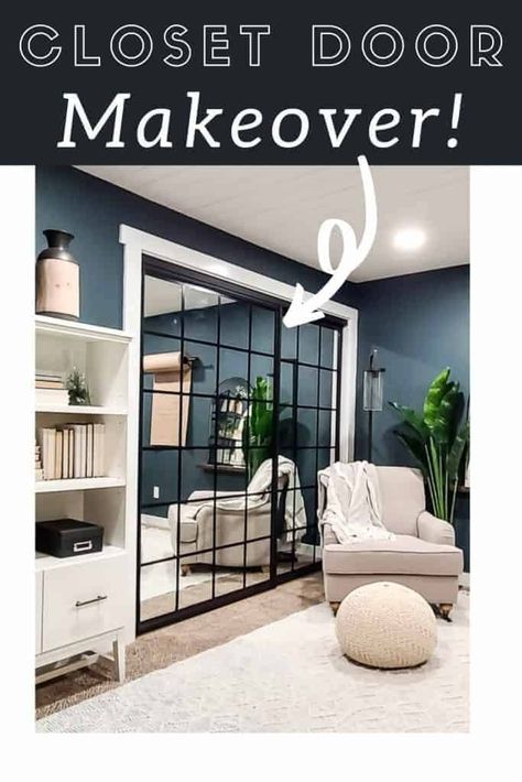 Mirror Closer Door, Closet Door Makeover Mirrored, Remodel Mirror Closet Doors, Sliding Closet Door Painting Ideas, Mirror Closet Door Makeover Diy, Sliding Wardrobe Makeover, Sliding Door Wardrobe Makeover Diy, Mirror Wardrobe Doors Makeover, Closet Door Mirror Makeover