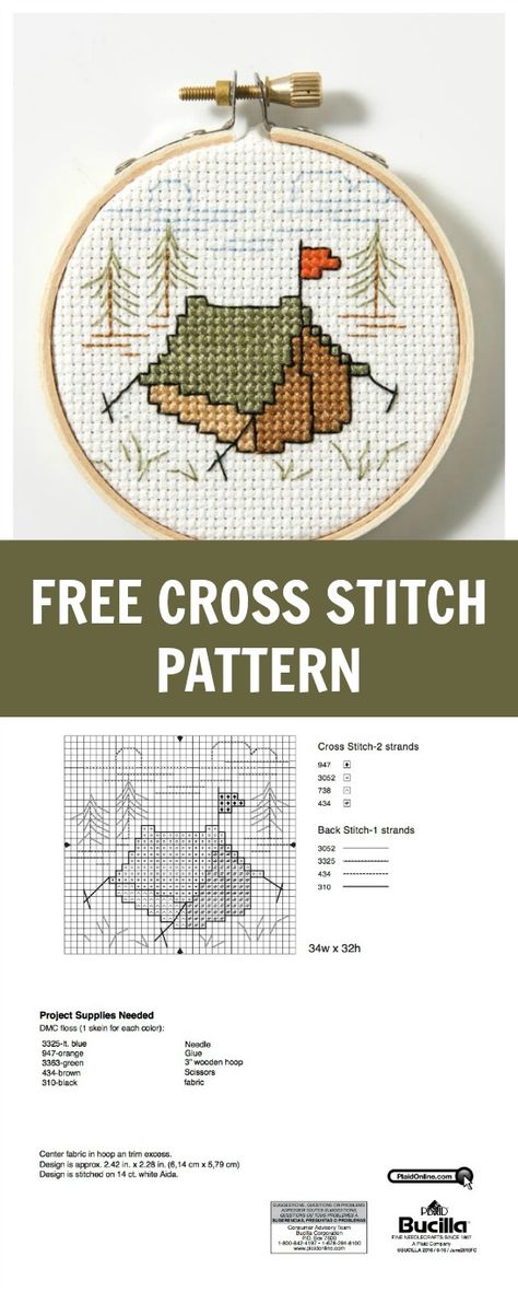 Free Cross Stitch Pattern: Let's Go Camping! | Plaid Online Happy Camper Cross Stitch Free Pattern, Weather Cross Stitch, Cross Stitch Patterns For Men, Outdoor Cross Stitch, Camping Cross Stitch Patterns Free, Free Cross Stitch Ornament Patterns, Monthly Cross Stitch Patterns, Free Cross Stitch Pattern, Crosstich Patterns Free