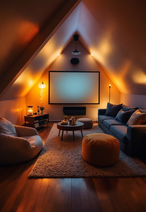 Small attic room ideas Home Cinema Attic, Modern Attic Room, Loft Conversion Cinema Room, Loft Cinema Room, Cosy Cinema Room, Attic Chill Room, Attic Cinema Room, Cozy Home Cinema, Attic Theater Room