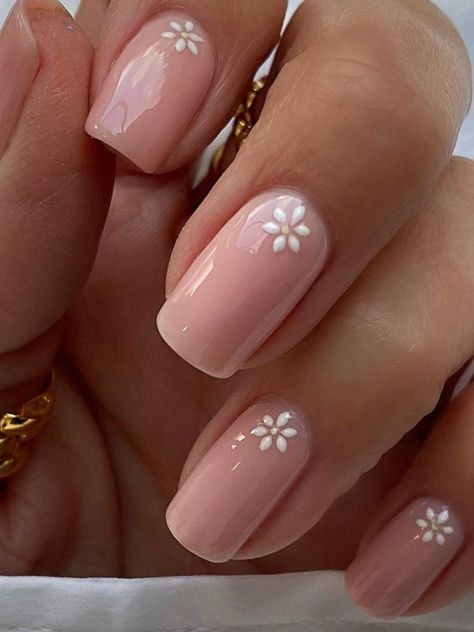 nude short nails with simple flower accents Unghie Sfumate, Nail Art For Beginners, Floral Nail Designs, Daisy Nails, Simple Gel Nails, Flower Nail Designs, Casual Nails, Cute Gel Nails, Summer Vacations