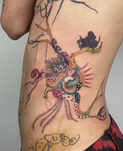 Black To Color Tattoo, Energizer Bunny Tattoo, Lineless Tattoo, Jaqueline Core, Colored Ink Tattoos, Eccentric Tattoos, Roly Poly Tattoo, Overlapping Tattoos, Surrealist Tattoo