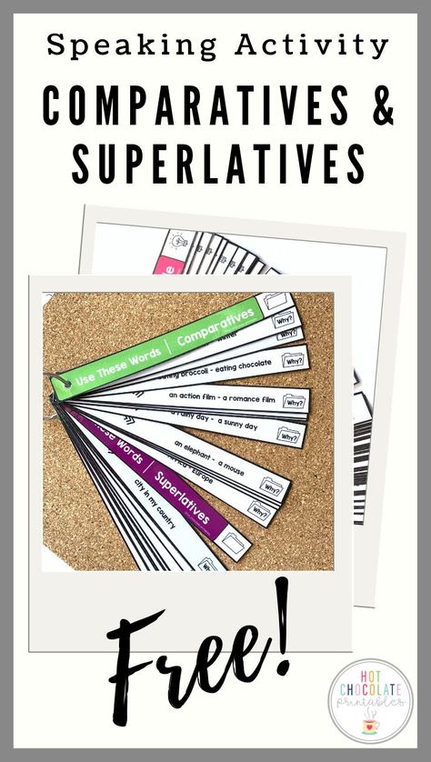 This comparative and superlative adjective speaking activity is free to download by signing up for my monthly newsletter! Using the two word prompts and adjective on the comparative speaking strips, encourage your students to use complete sentences while comparing and contrasting with these fun and engaging printable prompt strips! Using the superlative prompts strips, have your students explain their answer! These make a great addition to your unit on comparative and superlative adjectives. Adjective Games, Adverb Activities, Comparative Superlative, Comparative And Superlative Adjectives, Word Prompts, Comparative And Superlative, Foreign Language Classroom, Adjectives Activities, Speaking Activity