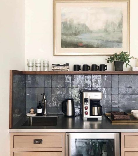 Work Coffee Bar, Moody Kitchens, Beautiful Tile Backsplash, Zia Tile, Moroccan Zellige, Light Wood Cabinets, Wood Backsplash, Home Coffee Stations, Farmhouse Kitchen Island