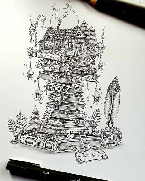 Books as foundation for adventure. Tiny Worlds and Fantasy Architecture. Click the image, for more art from Martina Arend. World Drawing Easy, Fantasy World Drawing, World Drawing, Bookish Tattoos, Fineliner Art, Pen Art Drawings, Book Tattoo, Pencil Art Drawings, Art Drawings Sketches Creative