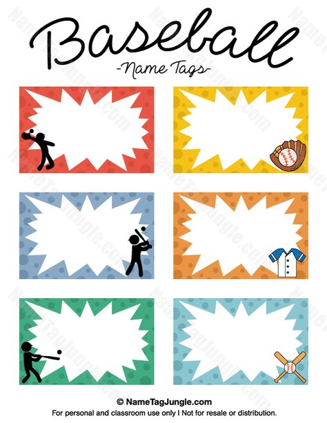 Free printable baseball name tags. The template can also be used for creating items like labels and place cards. Download the PDF at http://nametagjungle.com/name-tag/baseball/ Baseball Name Tags, Baseball Theme Classroom, Sport Snacks, Tag Template Free, Baseball Card Template, Printable Baseball, Birthday Party Checklist, Sports Theme Classroom, Name Tag For School