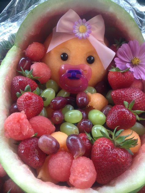 This is the baby shower fruit baby bassinet I made for a friend :)                                                                                                                                                      More Pink Baby Shower Food Ideas, Baby Shower Fruit Tray, Watermelon Ideas, Baby Shower Fruit, Watermelon Baby, Fruit Displays, Fruit Display, Cool Baby, Baby Shower Decorations For Boys