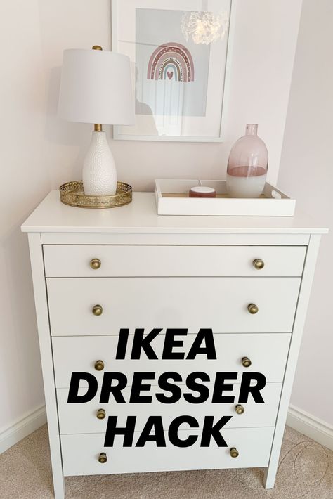 We love a good hack. These simple updates made a huge difference to dress up our daughter's IKEA Koppang dresser. Check out the simple and inexpensive updates on our blog and follow us for more. Ikea Koppang Drawers, Koppang 5 Drawer Dresser, Ikea Hack Koppang, Ikea Dresser Hack Koppang, Cheap Dresser Ideas, Ikea Idanäs Dresser Hack, Ikea Idanäs Hack, Chest Of Drawers As Bedside Table, Simple Dresser Decor Bedroom