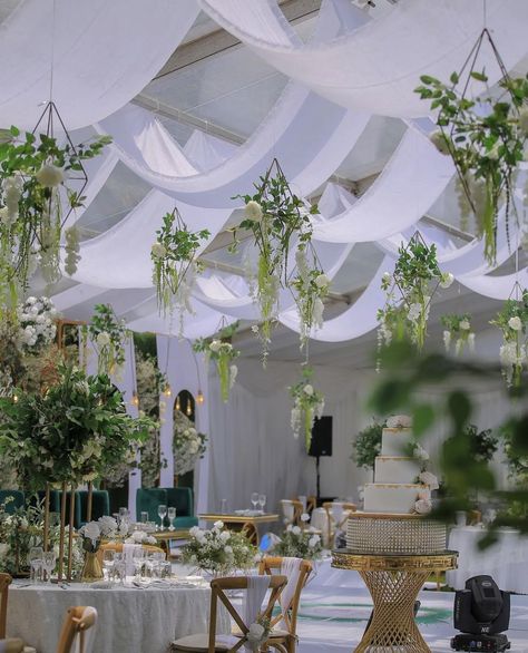 Rustic Wedding Ceiling Decor Draping, Greenery And Lights Ceiling Wedding, Tent With Greenery, Tent With Greenery Ceiling, Wedding Tent Hanging Greenery, Wedding Lounge Decor, Draping Ideas, Cocktail Decoration, Wedding Ceiling