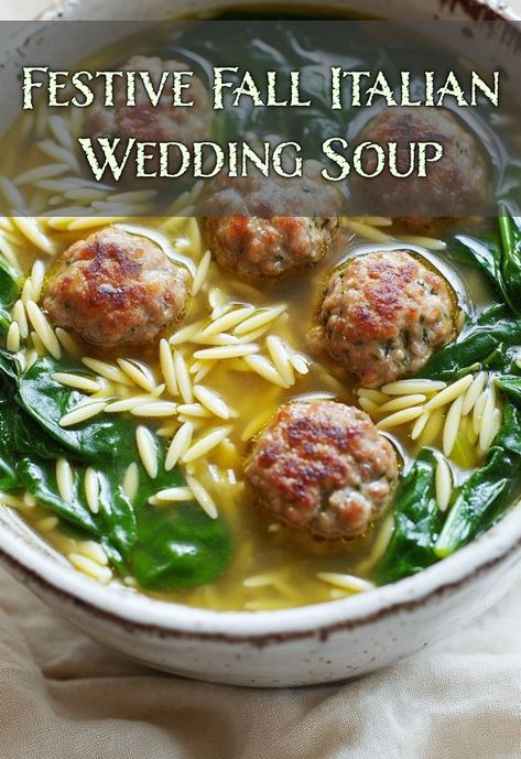 Warm up this season with my Festive Fall Italian Wedding Soup! This cozy and delicious dish features savory meatballs, fresh spinach, and tender orzo, all simmered in a flavorful broth. Perfect for chilly evenings, this recipe embodies comfort and celebration in every spoonful! Fall Italian Wedding, Italian Orzo, Soup With Meatballs, Wedding Soup Recipe, Homemade Banana Pudding Recipe, Italian Wedding Soup Recipe, Savory Meatballs, Grilled Halibut, Wedding Soup