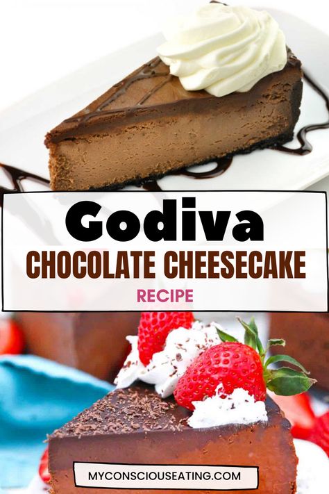 Godiva chocolate cheesecake on dessert plates Godiva Chocolate Cheesecake, Godiva Cheesecake Recipe, Godiva Chocolate Cheesecake Recipe, Godiva Cheesecake, Godiva Chocolate Liquor, Christmas Desert Recipes, Original Cheesecake Recipe, Dark Chocolate Cheesecake, Chocolate Cheesecake Recipe