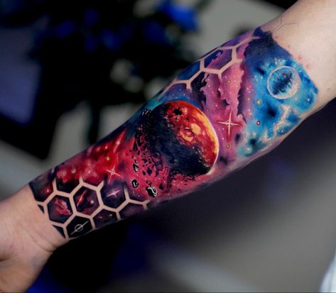 3d Galaxy Tattoo, Watercolor Galaxy Tattoo Sleeve, Galaxy Half Sleeve Tattoo, Geometric Galaxy Tattoo, Color Block Tattoo, Space Tattoo Color, Galaxy Sleeve Tattoo, Space Arm Tattoo, Galaxy Tattoo Design