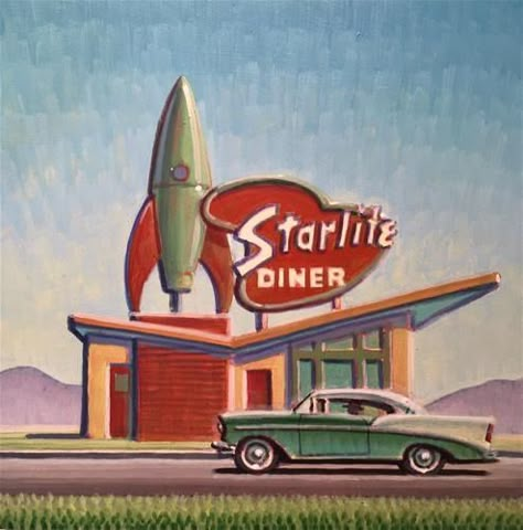 1950s Space Art Retro Futurism, The Future Illustration, Atompunk Art, The Jetsons Aesthetic, Atomic Age Aesthetic, Robert Laduke, Diner Art, Rocket Art, Googie Architecture