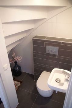 toilet underneath the stairs - Google Search Understairs Toilet, Room Under Stairs, Small Downstairs Toilet, Bathroom Under Stairs, Cloakroom Toilet, Downstairs Cloakroom, Small Toilet Room, Bad Inspiration, Downstairs Toilet