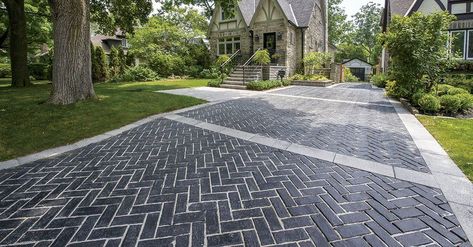 Modern Driveway, Brick Driveway, Permeable Pavers, Outdoor Paving, Paving Design, Concrete Patio Designs, Brick Walkway, Pathway Landscaping, Front Walkway