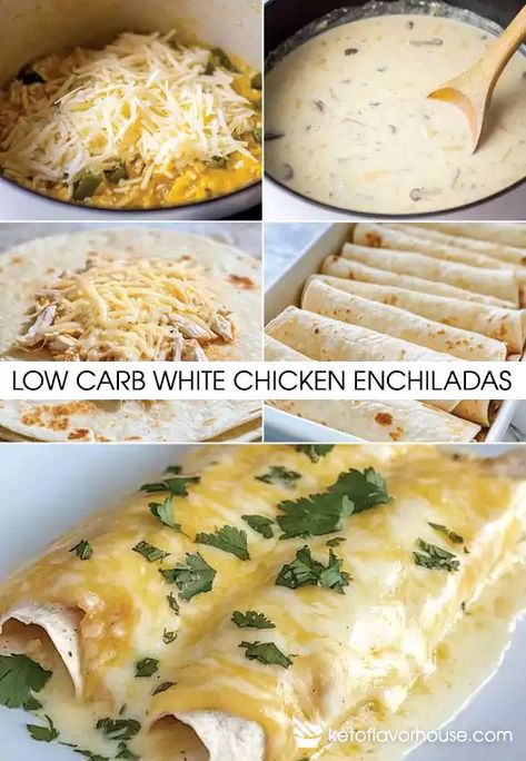 Low Carb White Chicken Enchiladas White Enchiladas Healthy, White Chicken Enchiladas Healthy, Chicken Enchilada Casserole Low Carb, Keto Chicken Enchiladas With White Sauce, Low Carb Main Dishes, Low Carb White Chicken Enchiladas, Healthy White Chicken Enchiladas, Low Carb Wraps Ideas, Keto Turkey Pot Pie