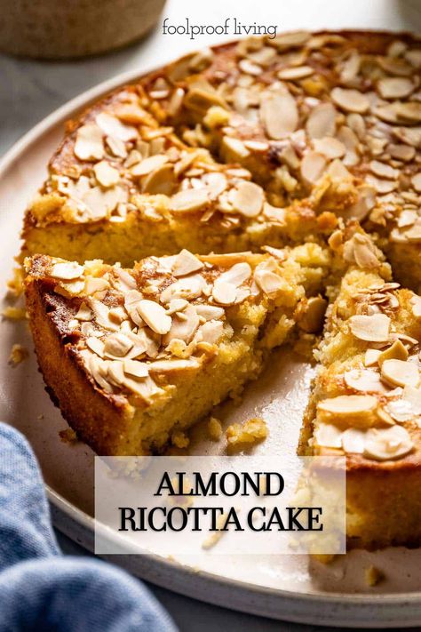 This Italian Lemon Almond Ricotta Cake is a flourless gluten-free cake recipe that's the perfect balance of creamy, zesty & oh-so-delicious. Almond Ricotta Cake, Ricotta Baked Goods, Lemon Blueberry Ricotta Cake, Ricotta Cake Recipes, Lemon Ricotta Cake, Almond Flour Cakes, Polenta Cakes, Gluten Free Cake Recipe, Sugar Free Cake