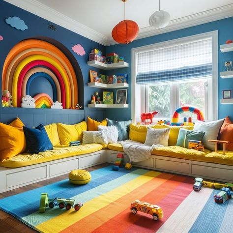 Colorful children's playroom with vibrant decor, rainbow decals, mustard yellow couch, and various toys for imaginative play Yellow Playroom Ideas, Playroom With Couch, Boy Rainbow Room, Mustard Yellow Couch, Yellow Playroom, Playroom Design Ideas, Boy And Girl Shared Bedroom, Multicolored Rug, Rainbow Playroom