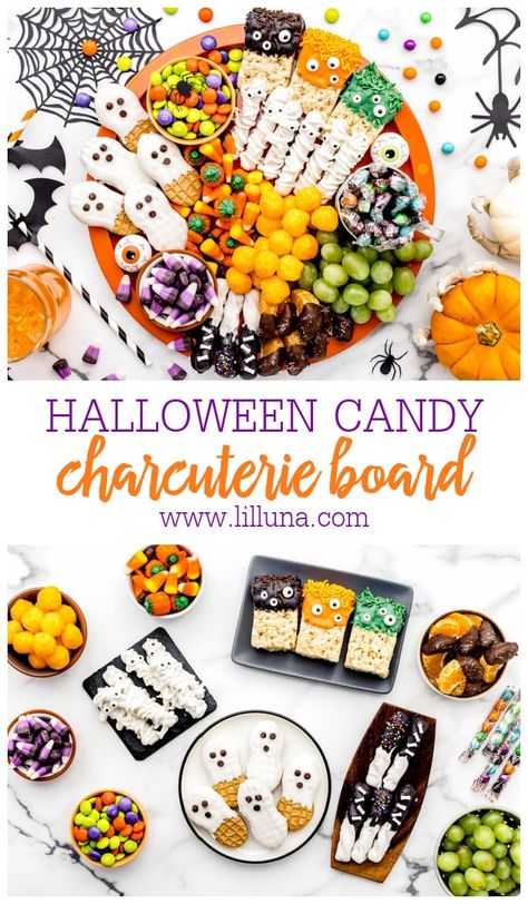 This customizable Halloween Candy Charcuterie Board is perfect for this spooky season. It includes bonus recipes for the included treats! #halloween #charcuterieboard #halloweencharcuterieboard #candy Check Mix Recipes, Halloween Candy Charcuterie Board, Lil Luna Recipes, Candy Charcuterie Board, Candy Charcuterie, Unique Diy Crafts, Chocolate Chip Dip, Halloween Charcuterie Board, Check Mix