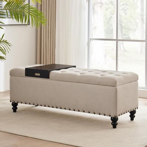 50-inch Button-Tufted Storage Bench Ottoman with Removable Tray for Living Room Bottom rivets design - Bed Bath & Beyond - 38459858 Storage Bench Ottoman, Bed Bench Storage, Bench For Living Room, Bedroom Beige, Tufted Storage Bench, Storage Bench Bedroom, Tufted Storage Ottoman, Long Bench, Upholstered Storage Bench