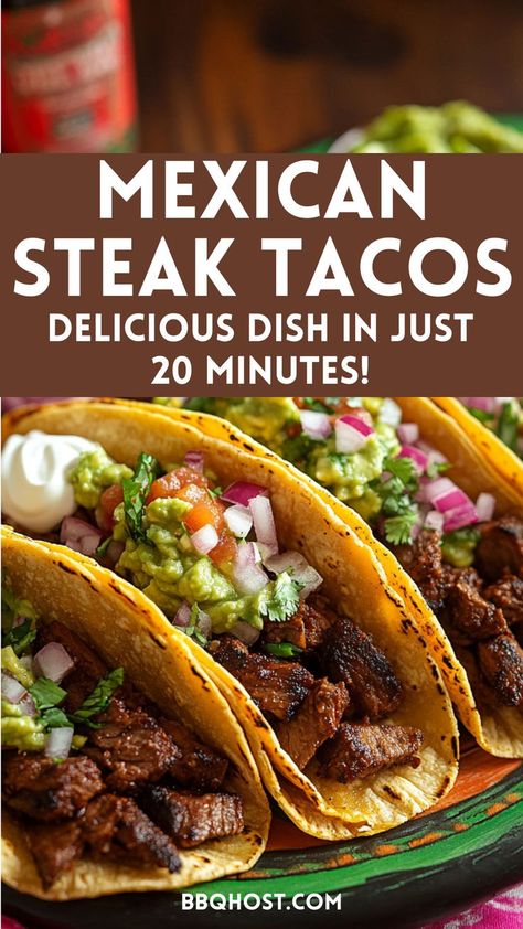 This authentic Mexican street tacos recipe is a must-try! Whether you cook your steak on the grill or in a skillet, these tacos are full of bold flavors, thanks to a simple yet delicious steak rub and classic toppings. Perfect for a quick dinner or weekend gathering. Save this pin for later and click through for more details! Steak Asada Tacos, Easy And Healthy Weeknight Dinners, Authentic Taco Recipes Mexican Style, Seasoning For Steak Tacos, Street Tacos Seasoning Recipe, Steak Taco Meat Recipes, Tacos Al Carbon Recipe, Steak Tostadas Carne Asada, Tender Steak Tacos