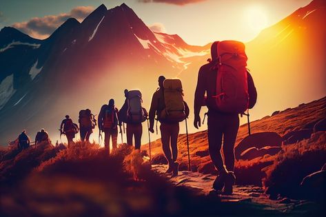 Photo hikers with backpacks on the trail... | Premium Photo #Freepik #photo #trekking #hiking #mountain-hiking #adventure Hiking Background, Hike Pictures, Hiking Adventure, Mountain Hiking, The Trail, Mountaineering, Picture Design, In The Mountains, Premium Photo