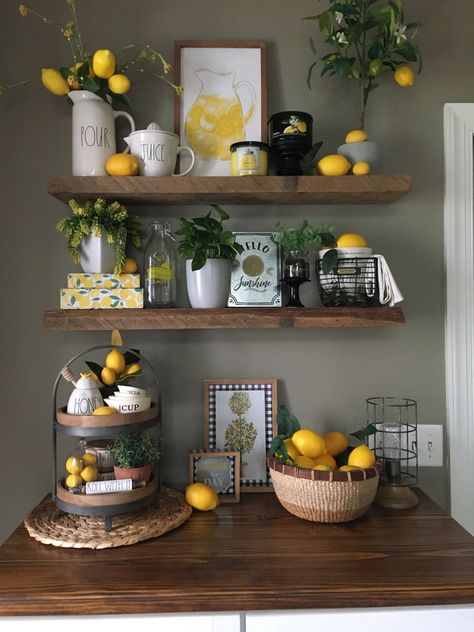 Kitchen Lemon Theme, Lemon Display, Lemon Decorations, Affordable Farmhouse Decor, Kitchen Tray Decor, Kitchen Floating Shelves, Kitchen Decor Collections, Lemon Theme, Lemon Kitchen Decor