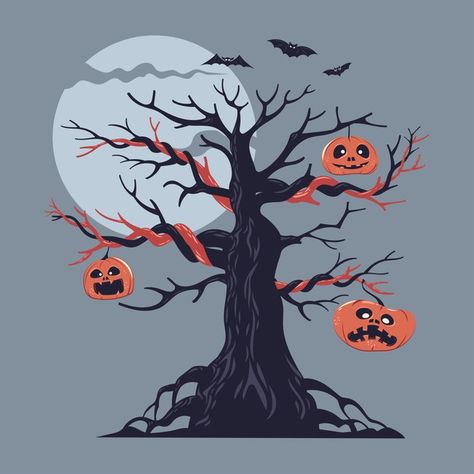 Illustration of a bare spooky scary hall... | Premium Vector #Freepik #vector Tree Flat Illustration, Halloween Nature, Nature Character, Scary Tree, Flying Bat, Pumpkin Vector, Seasons Greetings Card, Halloween Tree, Halloween Trees