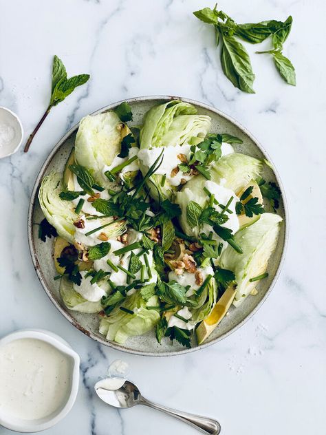 Herby Wedge Salad with Creamy Yogurt Feta and Honey Dressing — Peter Som Fancy Wedge Salad, Feta And Honey, Clean Salads, Feta Dressing, The Big Chill, Restaurant Plates, Honey Dressing, Creamy Yogurt, Fancy Dishes