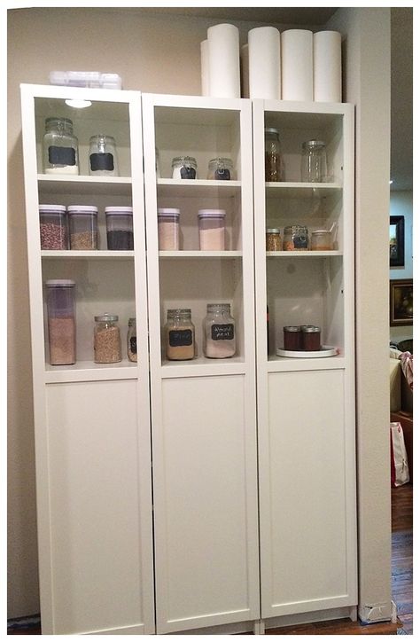 Another idea for Billy Bookcases; Don't leave the top space empty.  Place paper towels/toilet paper/other paper products! Ikea Remodel, Shelving Hacks, Ikea Pantry Organization, Bookcase Kitchen, Standing Pantry, Pantry Hacks, Ikea Pantry, Billy Ikea, Diy Pantry Organization