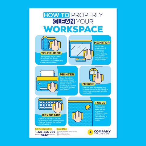 Clean your workspace poster campaign in ... | Premium Vector #Freepik #vector #computer-table #office-table #desk #computer-desk Office Infographic, Poster Campaign, Cafe Pictures, Desk Computer, Table Office, Notice Board, Computer Table, Office Table, Post Design