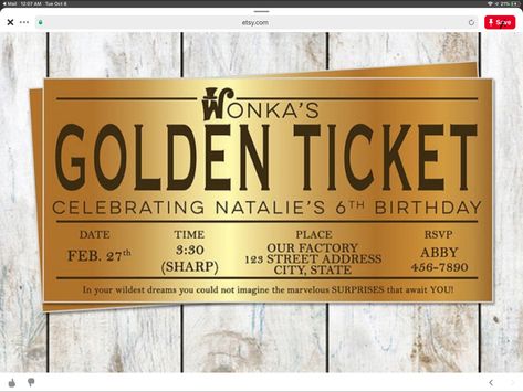 Golden Ticket Birthday, Reverse Raffle, Willy Wonka Birthday Party, Wonka Birthday Party, Willy Wonka Golden Ticket, Wonka Golden Ticket, Ticket Birthday Invitation, Golden Bday, Willie Wonka