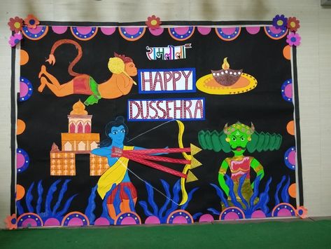 Dushera Board Decoration For School, Dasara Board Decoration Ideas, Dusshera Bulletin Board Ideas, Dusherra Board Decoration, Dussehra Board Decoration In School, Dussera Decor Ideas For School, Dusshera Decoration Ideas For School, Navratri Bulletin Board Ideas, Dasara Decoration Ideas For School